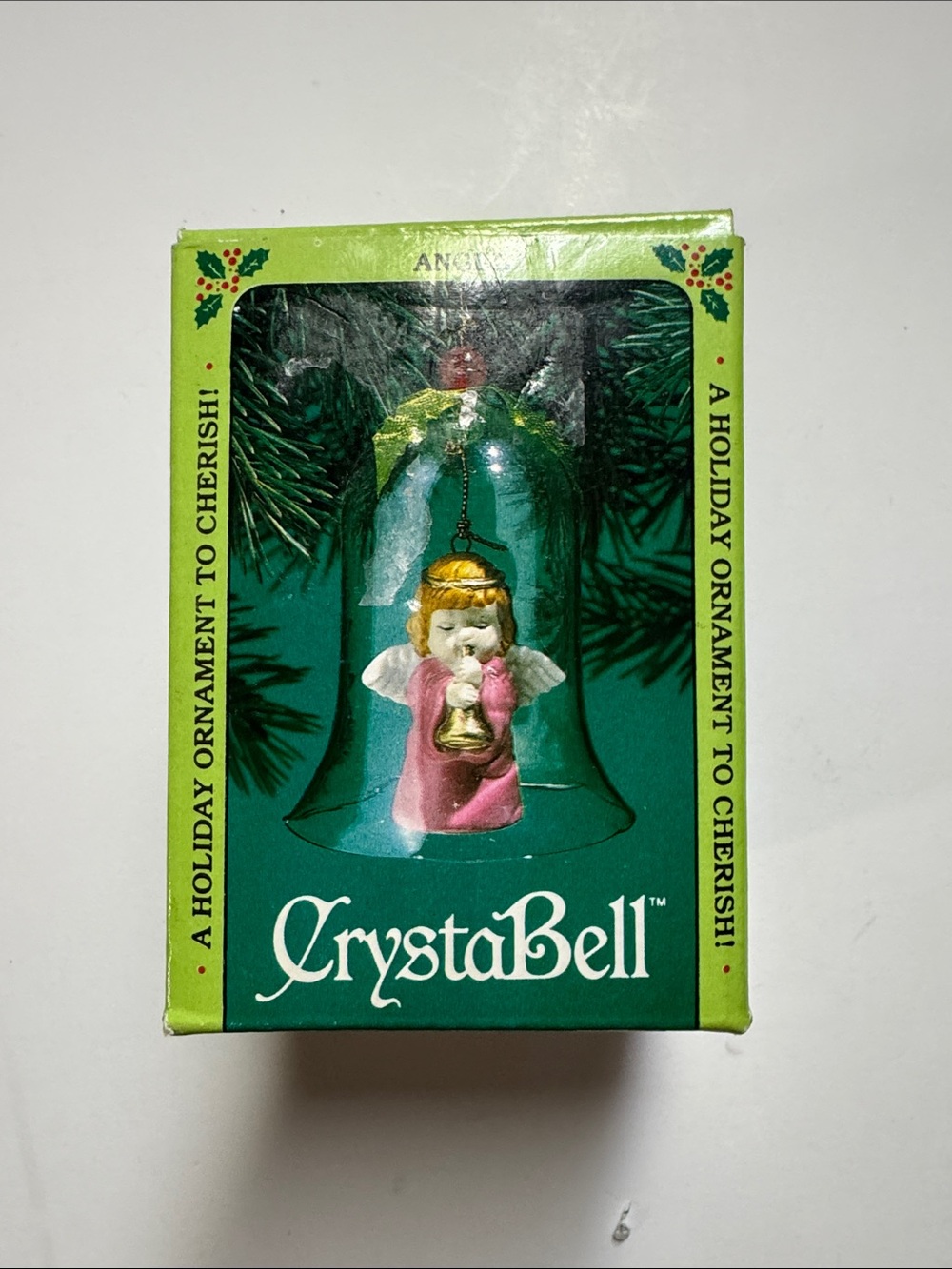 Vintage CrystaBell Green Glass Angel Christmas Ornament In Box